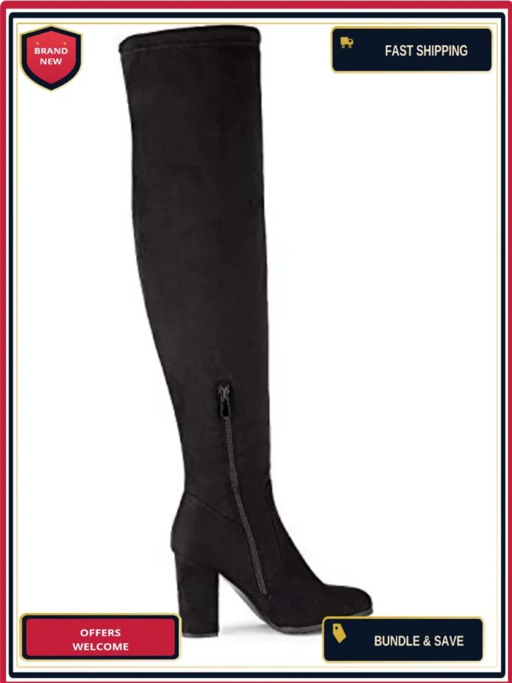 Stretch Faux Suede Thigh High Over the Knee Block Heel Boots with Faux Fur